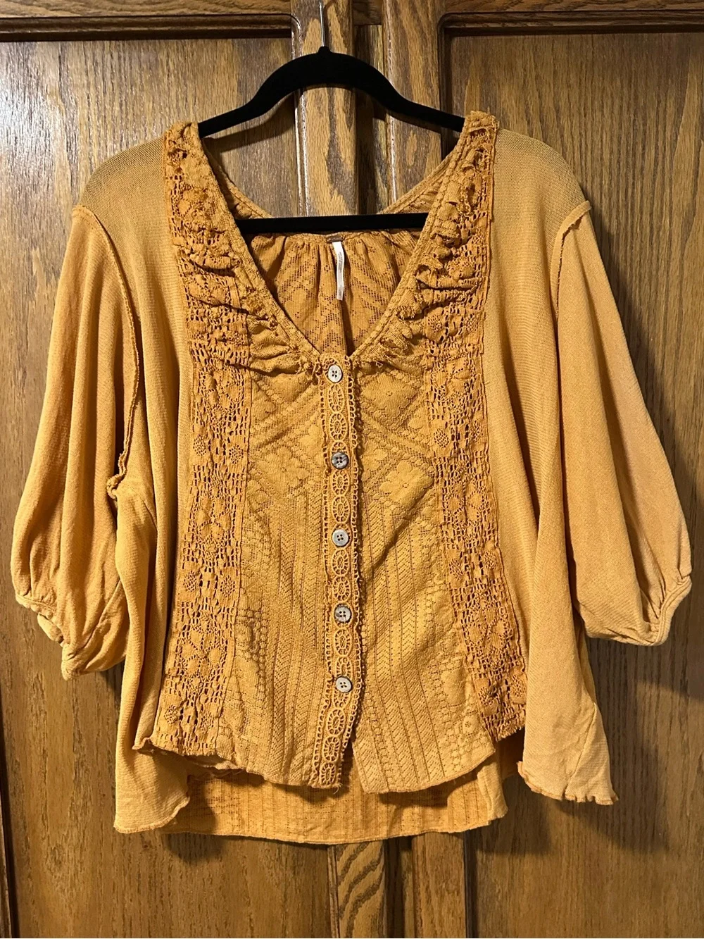Free People Burnt Orange Crochet Button-Front Blouse